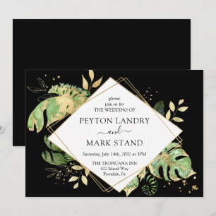 Tropical Foliage Black & Gold Geometric Wedding Invitation