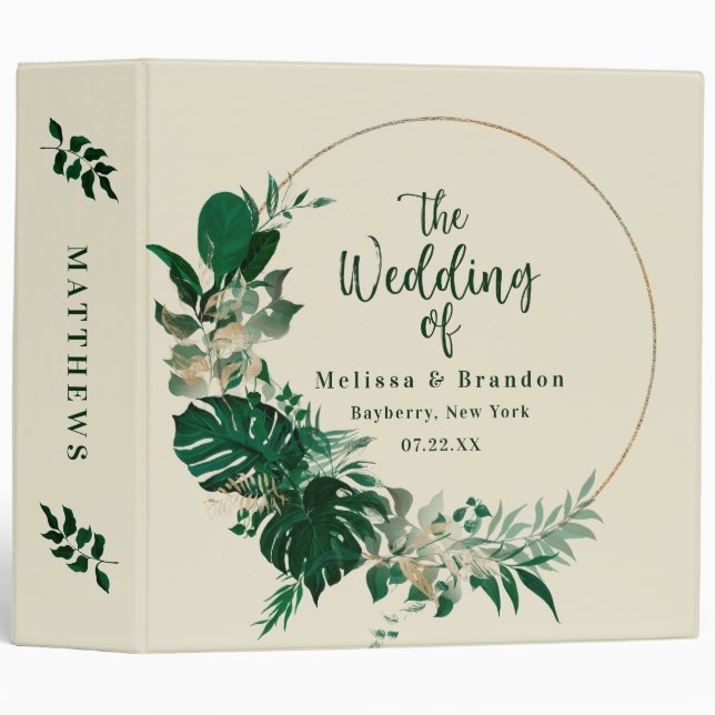 Tropical Foliage Circle Frame Wedding Photo Album Binder (Front/Spine)