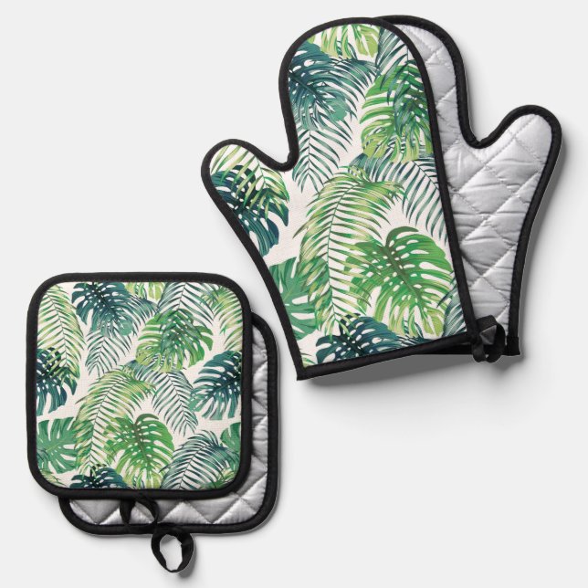 Tropical Foliage Design Oven Mitt & Pot Holder Set (Front/Back)