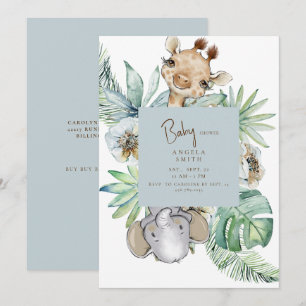 Tropical Foliage Dusty Blue Jungle Baby Shower Invitation