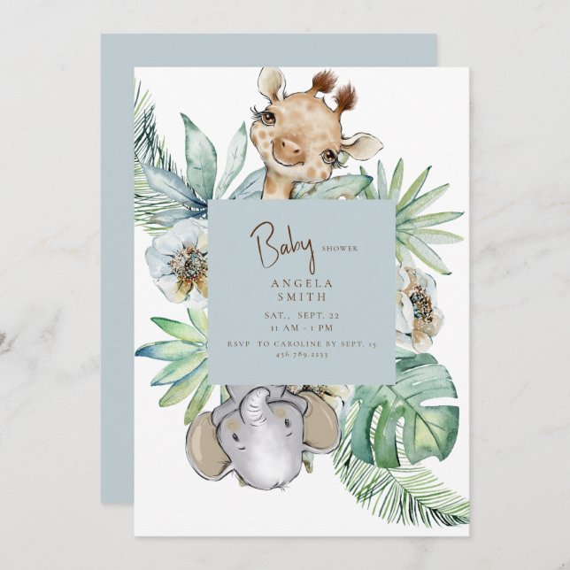 Tropical Foliage Dusty Blue Jungle Baby Shower Invitation (Front/Back)