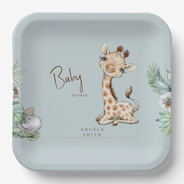 Tropical Foliage Dusty Blue Jungle Baby Shower Paper Plate (Front)