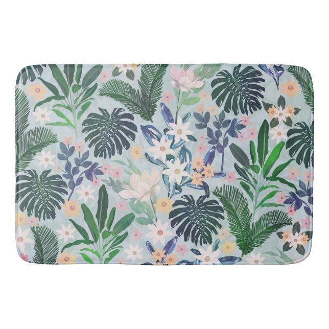Tropical Foliage Floral Pattern Bath Mat (Front)