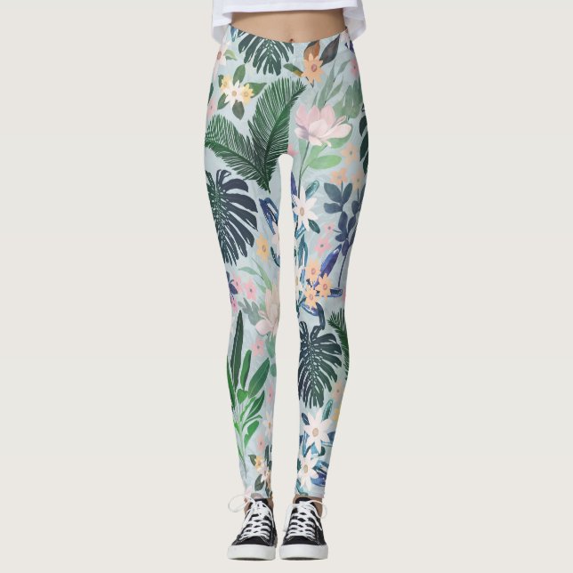 Tropical Foliage Floral Pattern Leggings (Front)