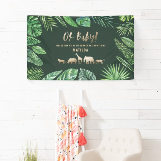 Tropical foliage + gold animals baby shower party banner (Insitu)