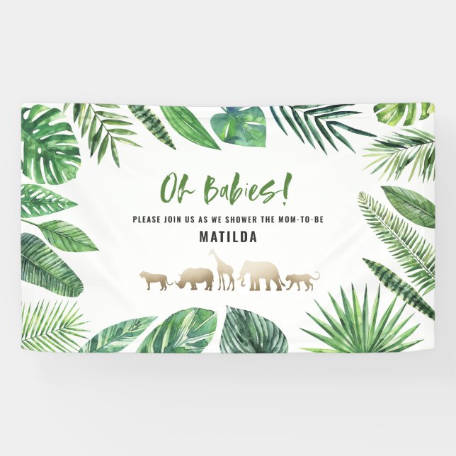 Tropical foliage + gold animals baby shower party banner (Horizontal)