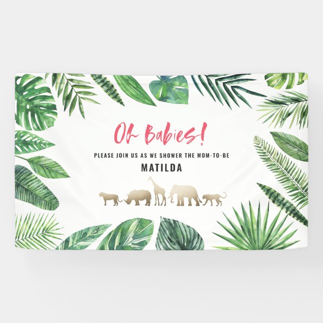 Tropical foliage + gold animals baby shower party banner (Horizontal)