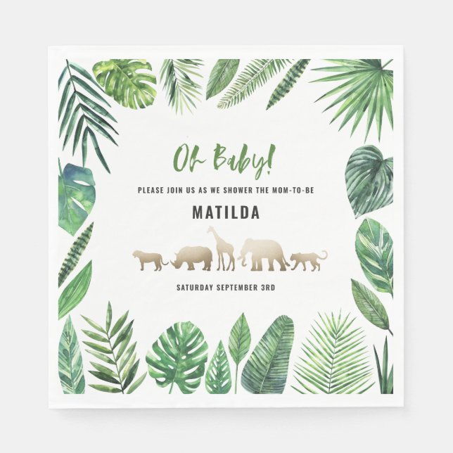 Tropical foliage + gold animals baby shower party napkin (Front)