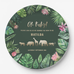 Tropical foliage + gold animals baby shower party paper plate