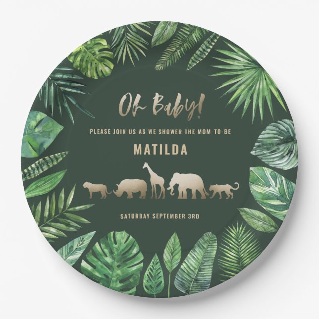 Tropical foliage + gold animals baby shower party paper plate (Front)