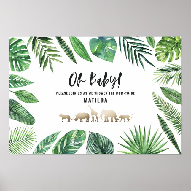 Tropical foliage + gold animals baby shower party poster (Front)