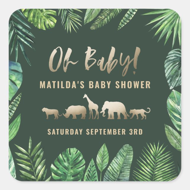 Tropical foliage + gold animals baby shower party square sticker (Front)