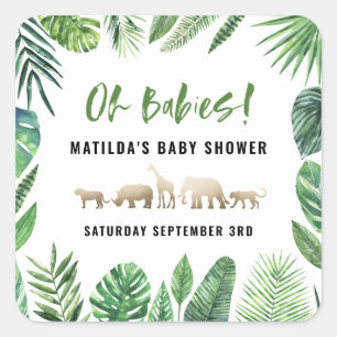 Tropical foliage + gold animals baby shower party square sticker