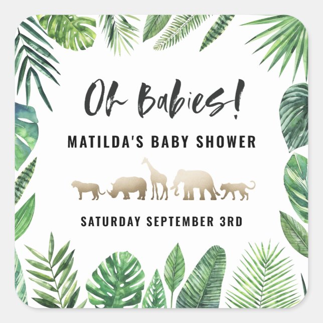 Tropical foliage + gold animals baby shower party square sticker (Front)