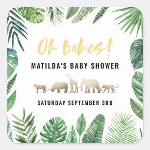 Tropical foliage + gold animals baby shower party square sticker