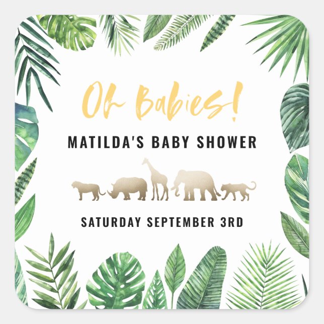 Tropical foliage + gold animals baby shower party square sticker (Front)
