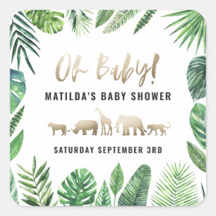 Tropical foliage + gold animals baby shower party square sticker