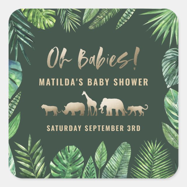 Tropical foliage + gold animals baby shower party square sticker (Front)