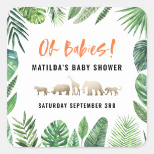 Tropical foliage + gold animals baby shower party square sticker