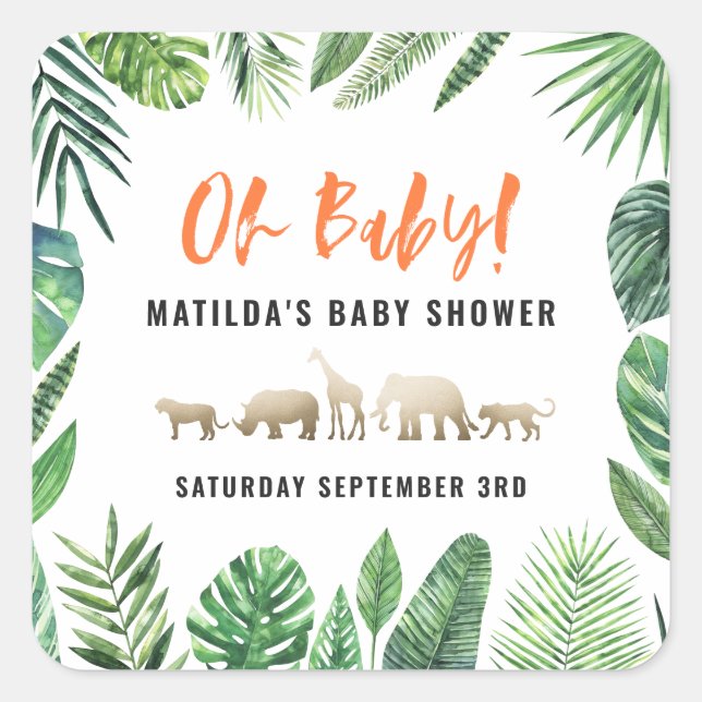 Tropical foliage + gold animals baby shower party square sticker (Front)