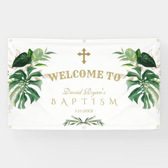 Tropical Foliage Gold Cross Baptism Welcome Sign (Horizontal)
