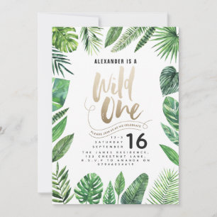 Tropical foliage + gold script wild one birthday