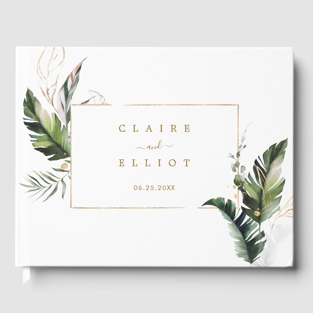 Tropical Foliage Gold Wedding Guest Book (Front)