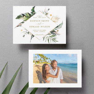 Tropical Foliage Gold Wedding Photo Save The Date