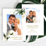 Tropical Foliage Gold Wedding Photo Thank You Card<br><div class="desc">This wedding photo thank you card features watercolor monstera,  palm tree leaves,  banana leaves,  exotic tropical leaves,  and faux gold leaves with a faux gold rectangle frame.  Perfect for tropical,  destination,  summer,  beach weddings,  or other similar events.</div>