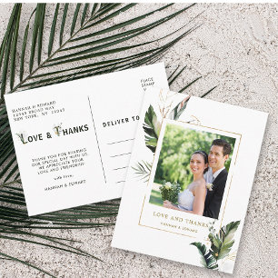 Tropical Foliage Gold Wedding Photo Thank You Postcard