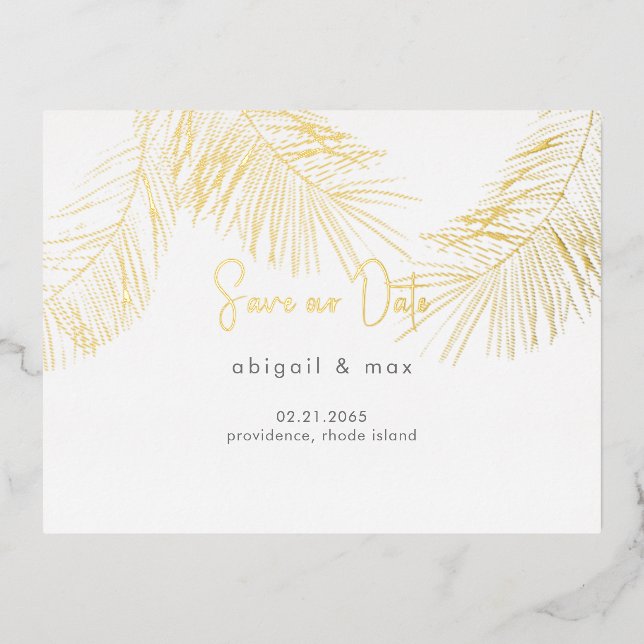 Tropical Foliage Gold Wedding Save Our Date Foil Invitation Postcard (Front)