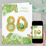 Tropical Foliage Green and Gold Big 80th Birthday Card<br><div class="desc">Big 80th birthday card. The design features a large number 80 in textured gold, entwined with tropical leaves. On the outside, there is also a border of palm leaves, banana leaves, monstera leaves and colourful tropical flowers with the wording "happy birthday". The inside of the card is also decorated with...</div>