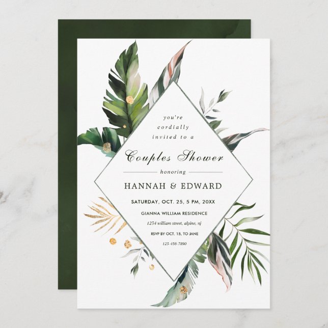 Tropical Foliage Green Couples Shower Invitation (Front/Back)