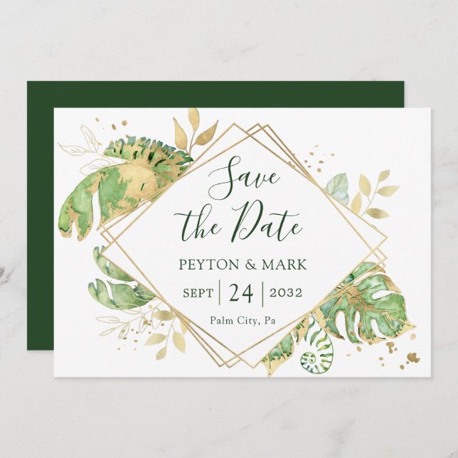 Tropical Foliage Green & Gold Geometric Frame Save The Date (Front/Back)