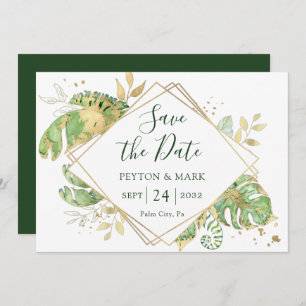 Tropical Foliage Green & Gold Geometric Frame Save The Date