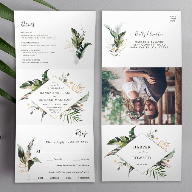 Tropical Foliage Green Wedding All In One Tri-Fold Invitation (Inside & Outside)