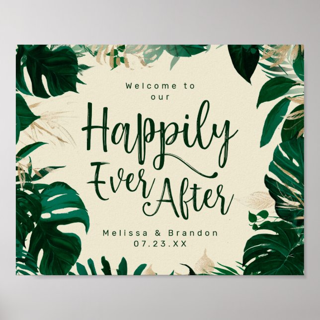 Tropical Foliage Happily Ever After Reception Sign (Front)