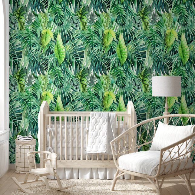 Tropical foliage jungle leaf green pattern spa wallpaper (Kids)