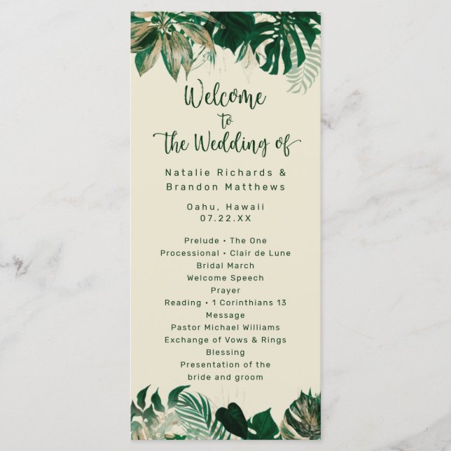 Tropical Foliage & Leaves Chic Wedding Ceremony Program (Front)
