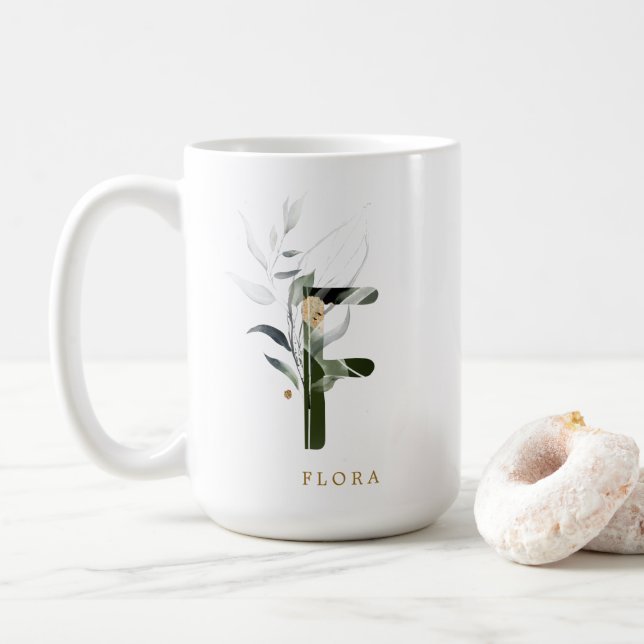 Tropical Foliage Monogram Letter "F" Personalized Coffee Mug (With Donut)