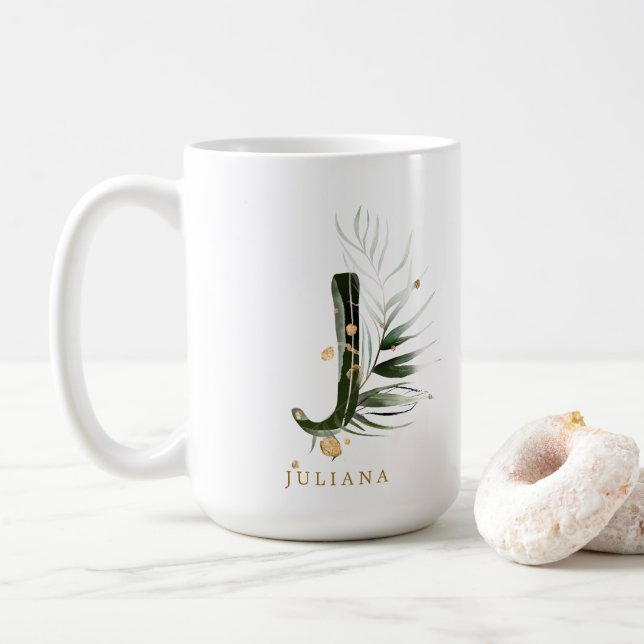 Tropical Foliage Monogram Letter “J” Personalized Coffee Mug (With Donut)