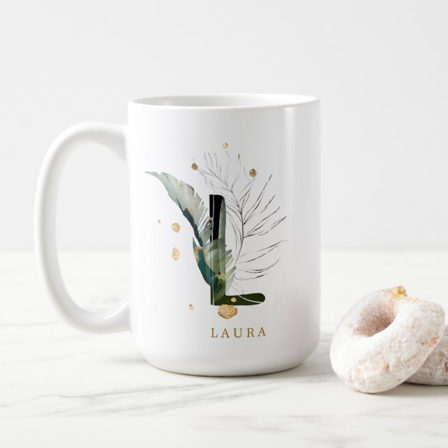 Tropical Foliage Monogram Letter "L" Personalized Coffee Mug (With Donut)