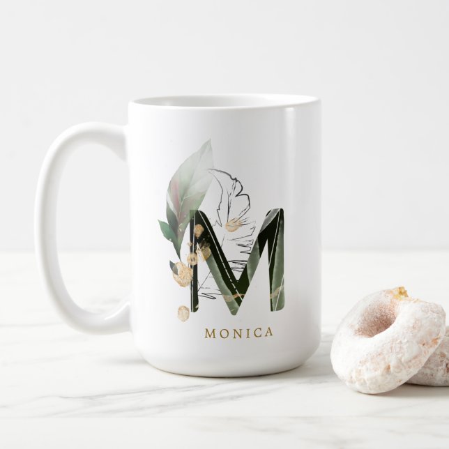 Tropical Foliage Monogram Letter "M" Personalized Coffee Mug (With Donut)