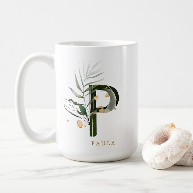 Tropical Foliage Monogram Letter "P" Personalized Coffee Mug (With Donut)