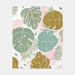 Tropical Foliage - Monstera And Palm Leaf Pattern Fleece Blanket