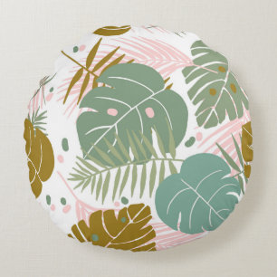 Tropical Foliage - Monstera And Palm Leaf Pattern Round Pillow