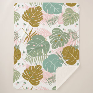 Tropical Foliage - Monstera And Palm Leaf Pattern Sherpa Blanket