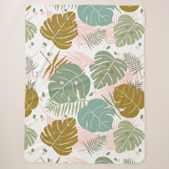 Tropical Foliage - Monstera And Palm Leaf Pattern Sherpa Blanket (Front)