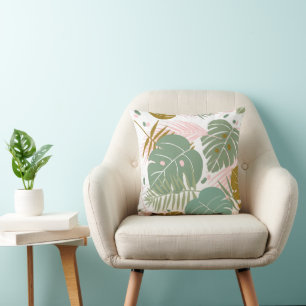 Tropical Foliage - Monstera And Palm Leaf Pattern Throw Pillow