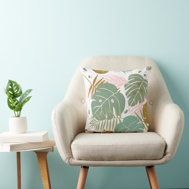 Tropical Foliage - Monstera And Palm Leaf Pattern Throw Pillow (Chair)